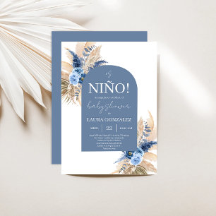 Boho Blue Pampas Spanish Baby Shower Boy Invitation