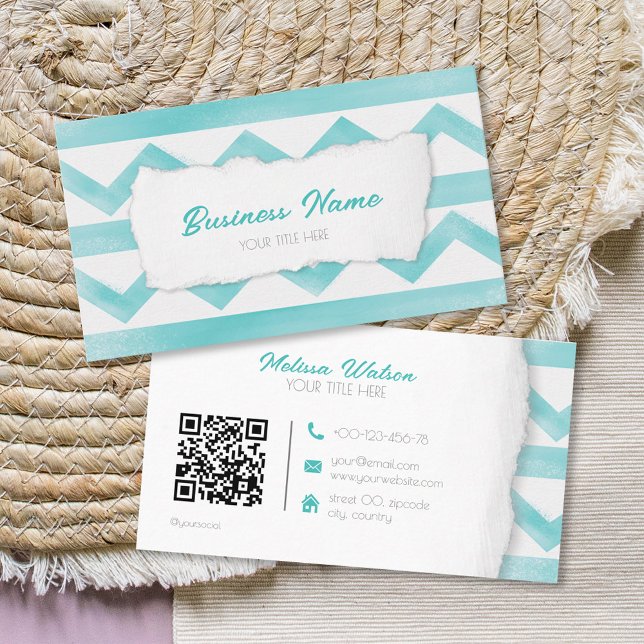 Boho blue pattern QR code coastal calm Business Card (Creator Uploaded)