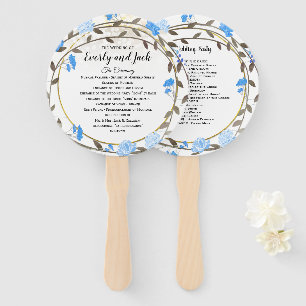 Boho Blue Peony Wreath Gold Wedding Program Hand Fan