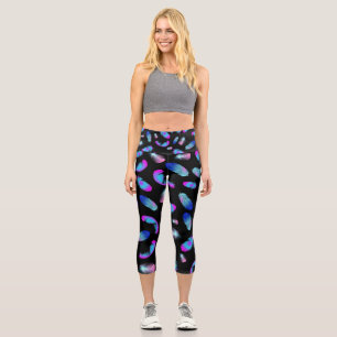 BOHO BLUE PINK FEATHER PATTERN CAPRI LEGGINGS