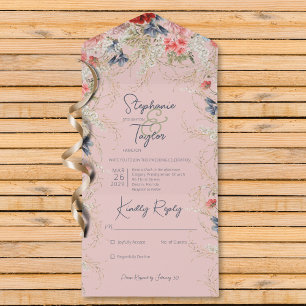 Boho Blue & Pink Floral Pink No Dinner All In One Invitation