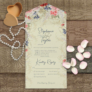 Boho Blue & Pink Floral Sage Green Dinner All In One Invitation