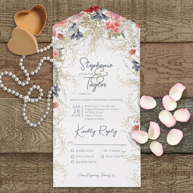 Boho Blue & Pink Floral White Dinner All In One Invitation (Creator Uploaded)