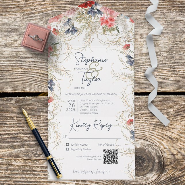 Boho Blue & Pink Floral White QR Code All In One Invitation (Creator Uploaded)