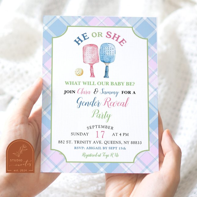 Boho Blue Pink Preppy Pickleball Gender Reveal Invitation (Creator Uploaded)