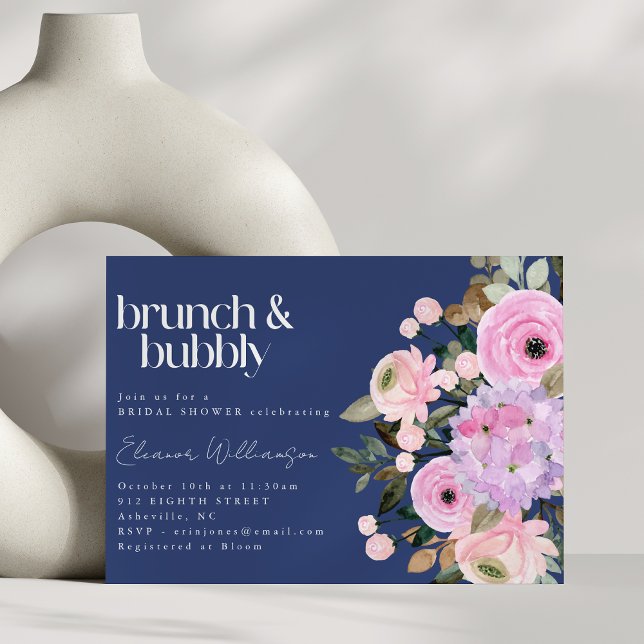 Boho Blue Pink Purple Floral Brunch Bubbly Shower Invitation (Creator Uploaded)