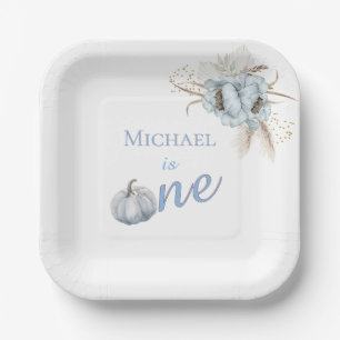 Boho Blue Pumpkin 1st Birthday Boy Paper Plate