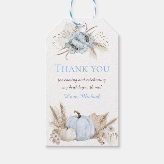 Boho Blue Pumpkin 1st Birthday Favour Tag (Front)