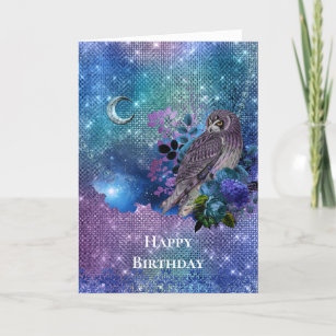 Boho Blue Purple Owl Moon Birthday Card