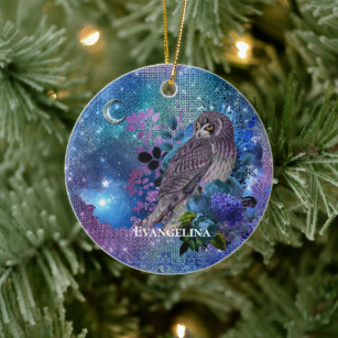 Boho Blue Purple Owl Moon Ceramic Ornament