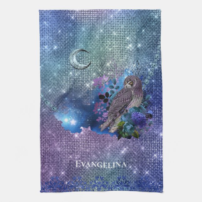 Boho Blue Purple Owl Moon Tea Towel (Vertical)