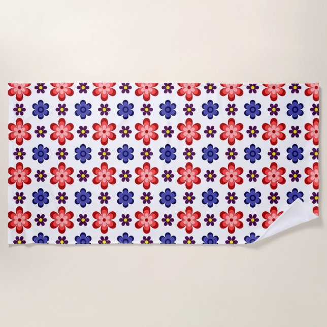 Boho Blue Purple Red Flowers Beach Towel (Front)