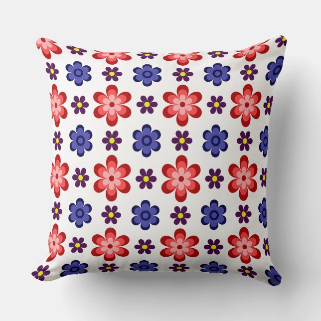 Boho Blue Purple Red Flowers Big Throw Pillow (Front)