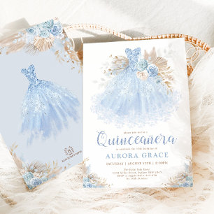 Boho Blue Quinceañera Princess Dress Birthday Invitation