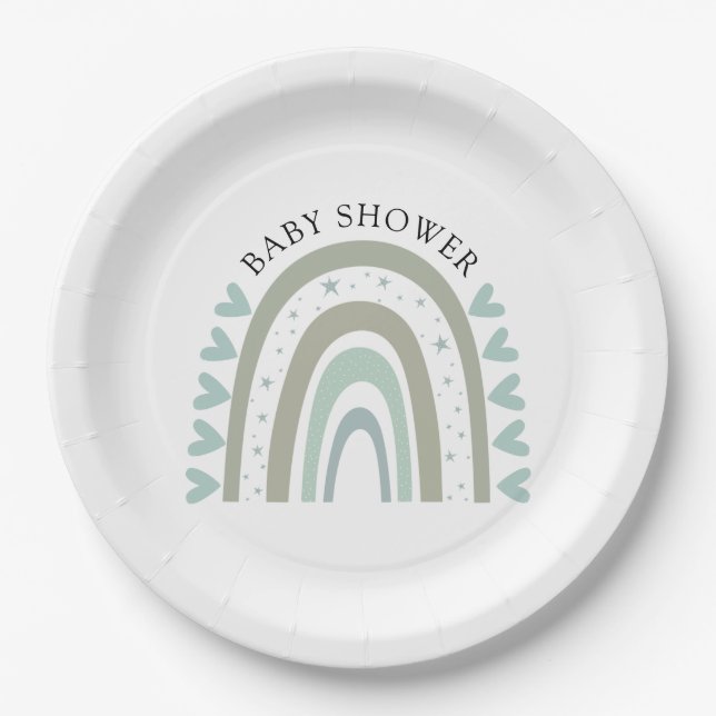 Boho Blue Rainbow Baby Boy Shower Paper Plate (Front)