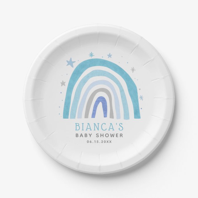 Boho Blue Rainbow Baby Shower Paper Plate (Front)