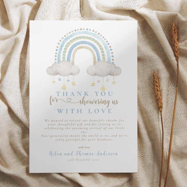 Boho Blue Rainbow Baby Shower  Thank You Card (Boho Blue Rainbow Baby Shower Thank You Card)