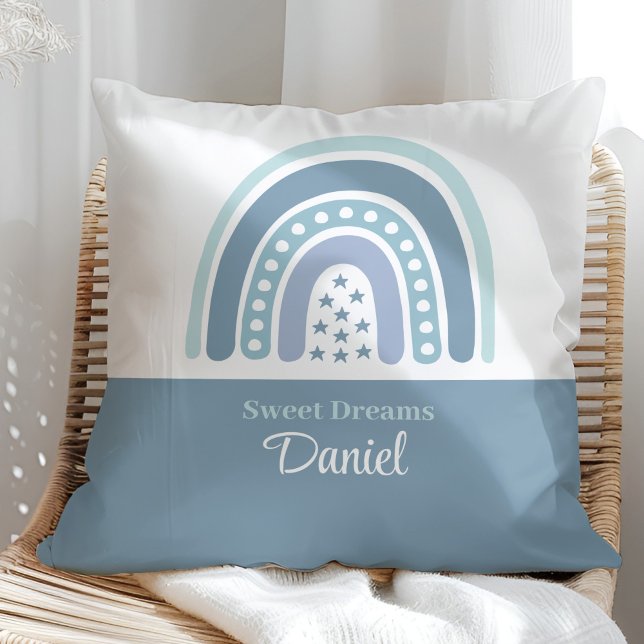 Boho Blue Rainbow Custom Name Throw Pillow (Boho Blue Rainbow Custom Name Throw Pillow on a sunny rattan chair.)