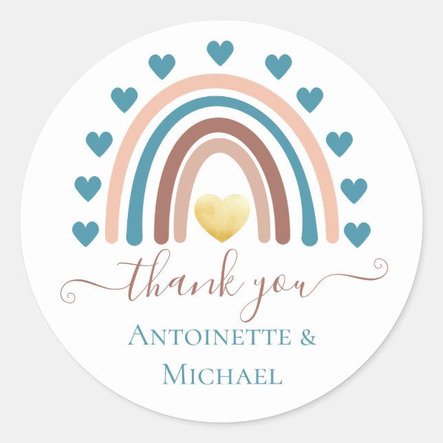 Boho Blue Rainbow Custom Thank you Baby Shower Classic Round Sticker (Front)