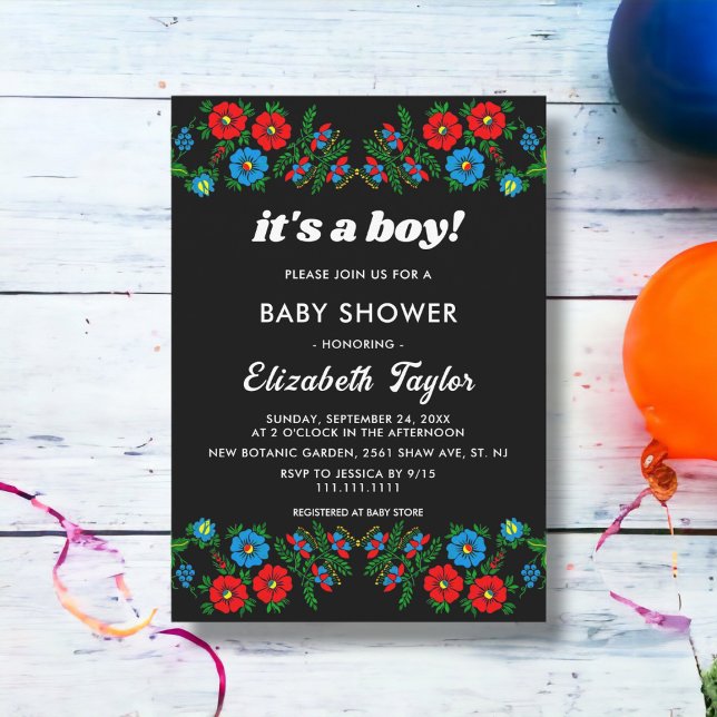 Boho Blue Red Roses Black Floral Boy Baby Shower Invitation (Creator Uploaded)