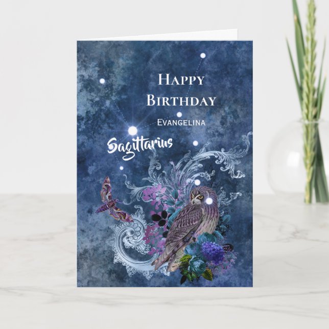 Boho Blue Sagittarius Constellation Birthday Card (Front)