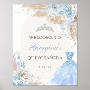 Boho Blue Silver Quinceañera 15th Birthday Welcome Poster