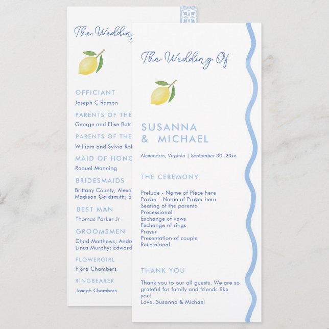 Boho Blue Squiggle Border Lemon Wedding Program (Front/Back)