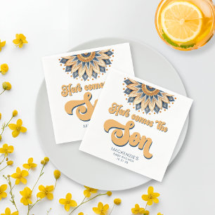 Boho Blue Sunflower Retro Typography Baby Shower Napkin