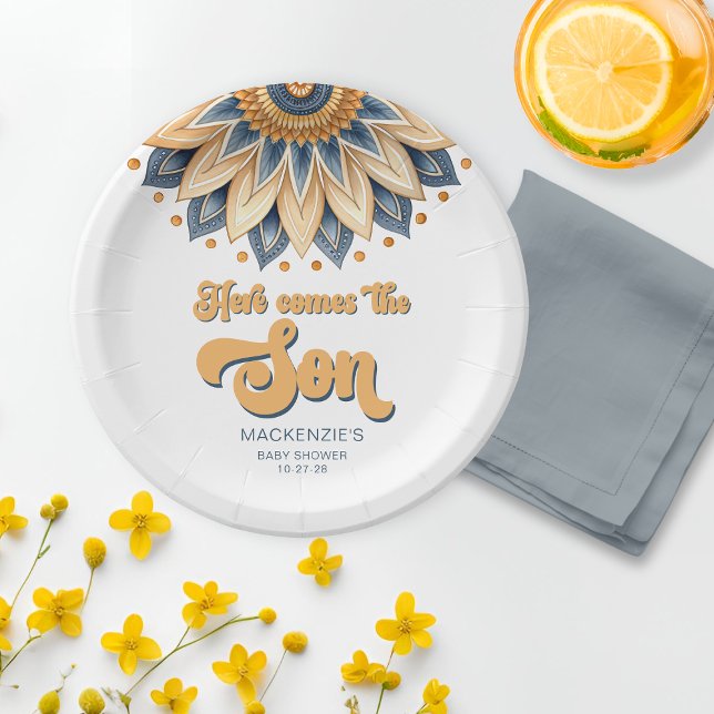 Boho Blue Sunflower Retro Typography Baby Shower Paper Plate (Boho Blue Sunflower Retro Typography Baby Shower Napkins)