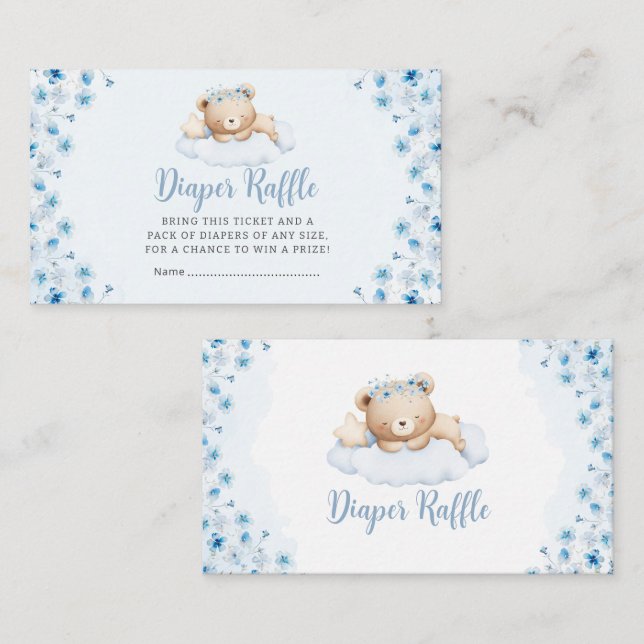 Boho Blue Teddy Bear Baby Shower Diaper Raffle Enclosure Card (Front/Back)