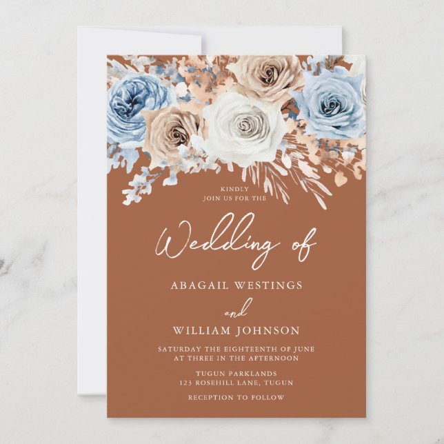 Boho Blue Terracotta Bohemian Floral Wedding Invitation (Front)