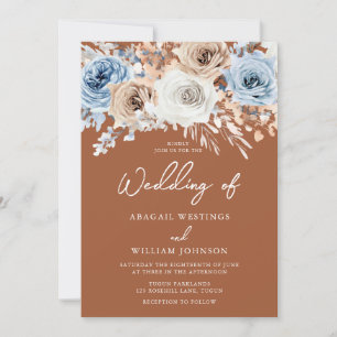 Boho Blue Terracotta Bohemian Floral Wedding Invitation