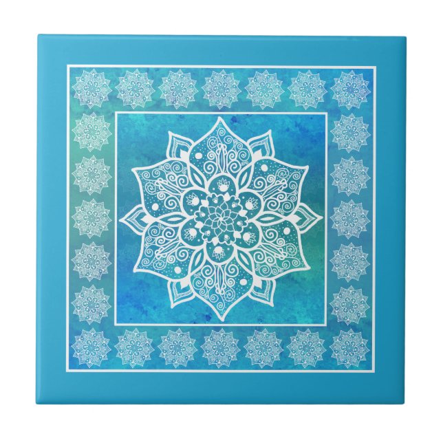Boho blue turquoise watercolor mandala floral ceramic tile (Front)