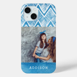 Boho Blue Watercolor Chevron   Monogrammed Photo iPhone 15 Case