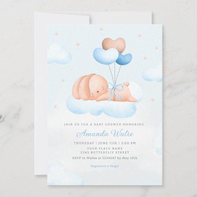 Boho Blue Watercolor Cute Balloon Boy Baby Shower Invitation (Front)