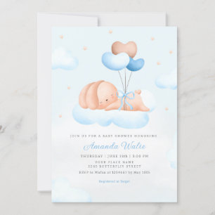 Boho Blue Watercolor Cute Balloon Boy Baby Shower Invitation