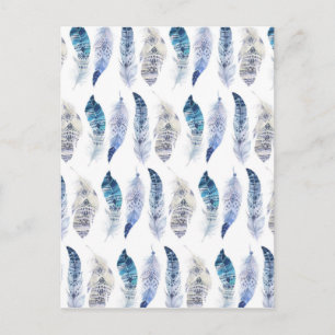 Boho Blue Watercolor Feathers All Over Print Postcard