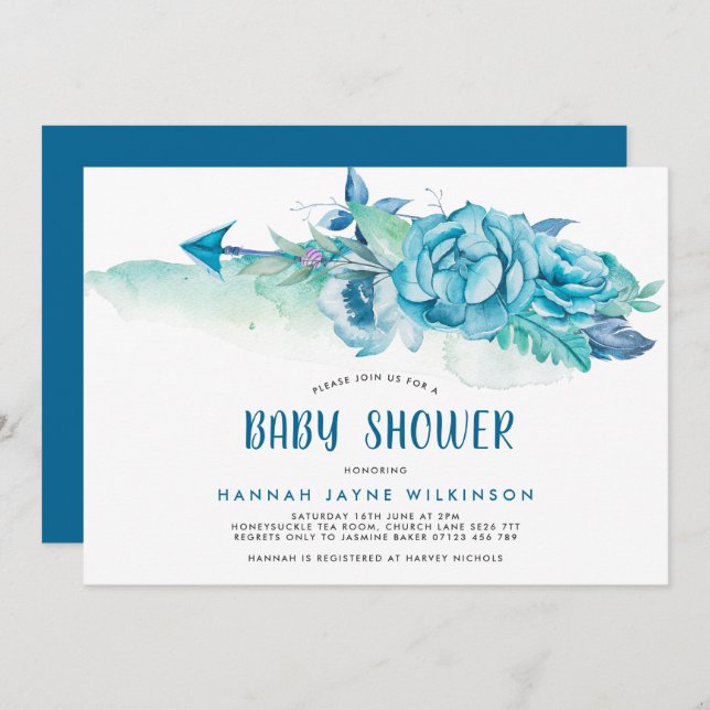 Boho Blue Watercolor Floral Baby Shower Invite (Front/Back)