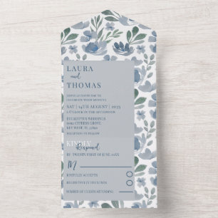 Boho Blue Watercolor Floral Pattern Wedding   All In One Invitation