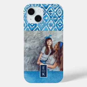 Boho Blue Watercolor Print   Monogrammed Photo iPhone 15 Case