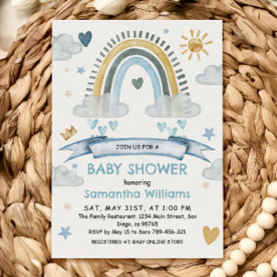 Boho Blue Watercolor Rainbow Baby Shower Invitation