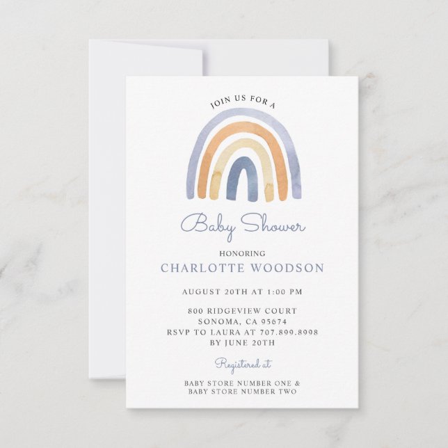 Boho Blue Watercolor Rainbow Baby Shower Invitation (Front)