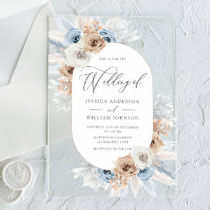 Boho Blue White Floral Acrylic Wedding Invitation