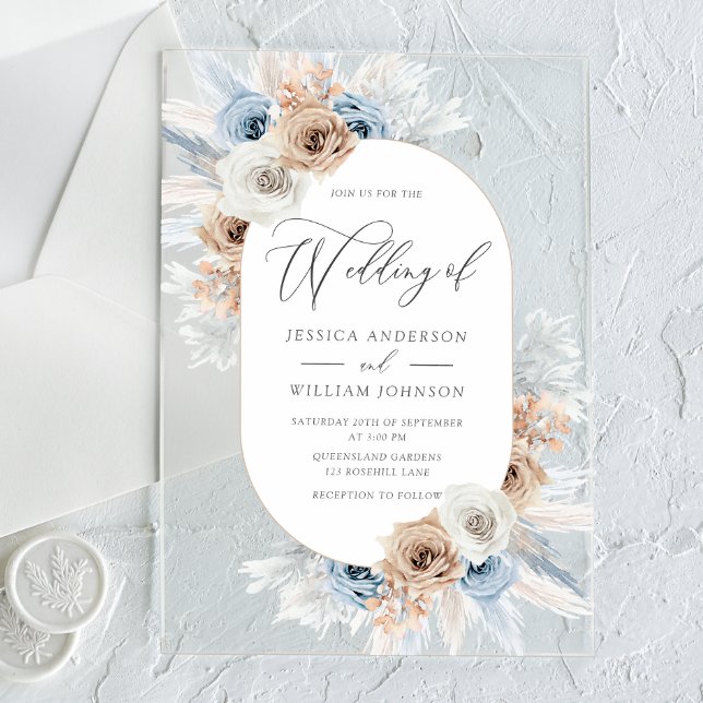 Boho Blue White Floral Acrylic Wedding Invitation (Creator Uploaded)