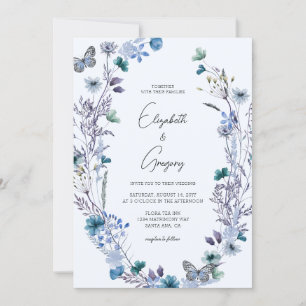 Boho Blue Wildflower Butterfly Wedding Invitation