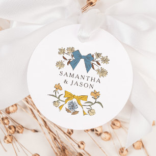 Boho Blue Yellow Bow Floral Wedding Favour Tags