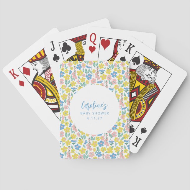 Boho Blue Yellow Ditsy Floral Custom Baby Shower Playing Cards (Back)