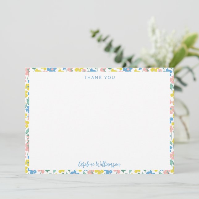 Boho Blue Yellow Ditsy Floral Custom Baby Shower Thank You Card (Standing Front)