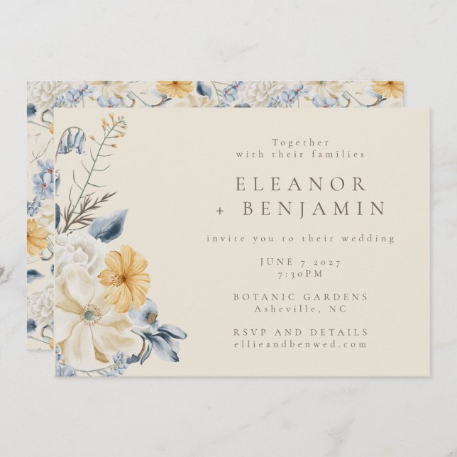 Boho Blue Yellow Floral Watercolor Pattern Wedding Invitation (Front/Back)