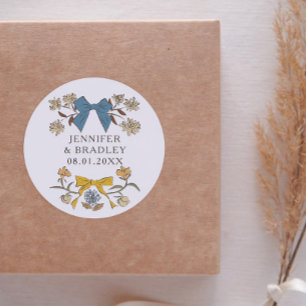 Boho Blue Yellow Ribbons Floral Wedding Favour  Classic Round Sticker